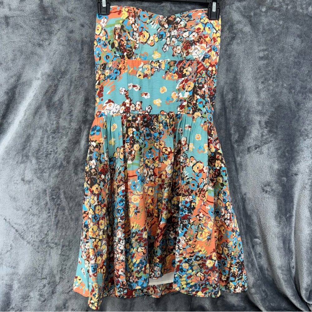 Sharon Couture Sweetheart Strapless Teal Coral Floral Fit & Flare Dress Small